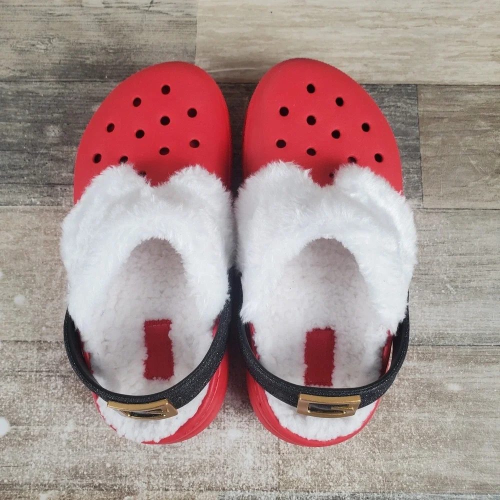 Crocs Classic Lined Santa Kids Clogs Sz 1 J1 Red Rubber Slip-On Slingback Shoes‎